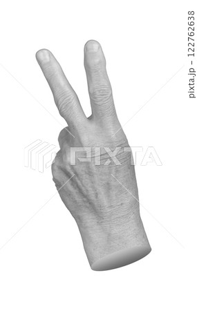 Elderly female hand showing a victory sign with wrinkled skin, symbolizing success, peace, and 122762638