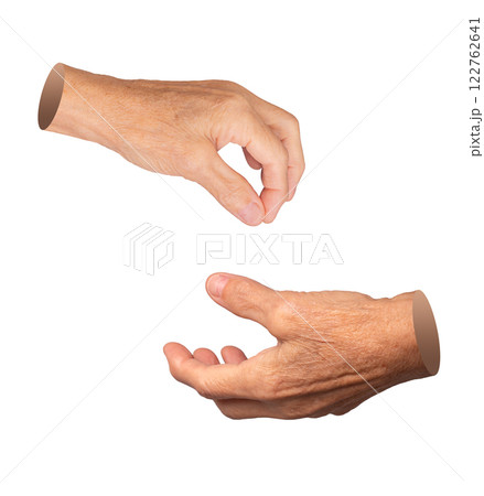 Elderly female hand with wrinkled skin outstretched in a giving or begging gesture, symbolizing Elderly female hand with wrinkled skin outstretched in a giving or begging gesture, symbolizing 122762641