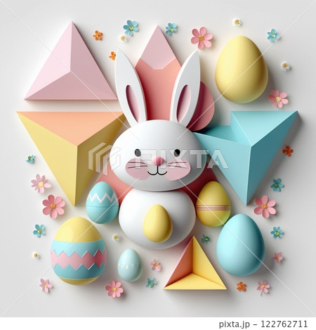 Geometric Easter bunny with colorful eggs and flowers on white background.  122762711