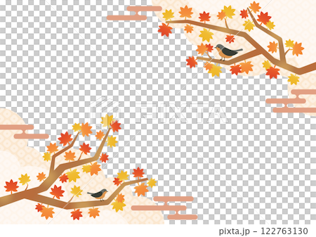 Japanese-style design of autumn leaves and autumn birds illustration background material 122763130