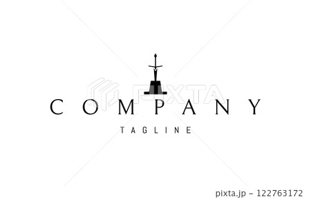 Vector logo with an abstract image of a sword against the background of an anvil. 122763172