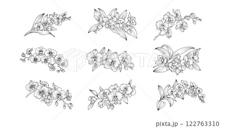 Orchid flower arrangement line art on white background. Silhouette orchid botanical hand drawn element for wedding, invitation frame design, vector illustration 122763310