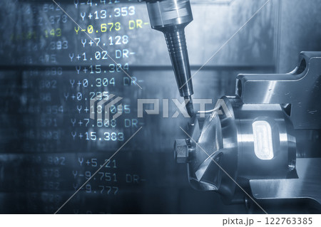 Abstract scene the 5-axis CNC milling machine cutting the automotive part and G-code data background. Abstract scene the 5-axis CNC milling machine cutting the automotive part and G-code data background. 122763385