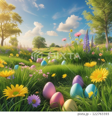 Decorative Easter egg among spring flowers in sunlight.  122763393