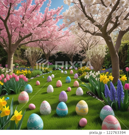 Decorative Easter egg among spring flowers in sunlight.  122763394