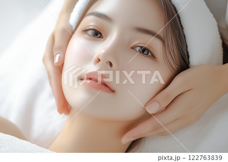美容クリニックでフェイスマッサージを受ける若い女性 122763839