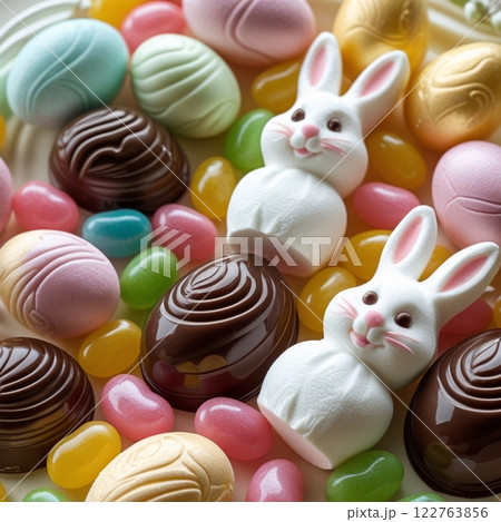 Festive Easter sweets with chocolate eggs and bunny-shaped candies.  122763856