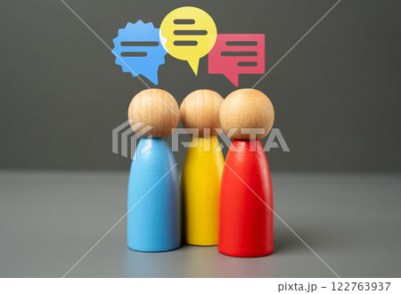 Three figures of people in active discussion and communication. Teamwork and brainstorming. Negotiations, collaboration, business meetings, social interactions, networking and debate 122763937