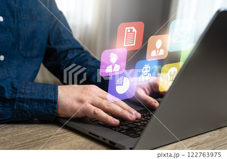Man working on laptop. Workflow, business innovations and network software ecosystems. Digital marketing. Remote business solutions. Cloud computing, automation and innovation 122763975