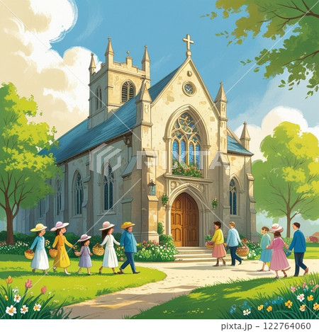 Picturesque church with people in spring attire walking towards it. Picturesque church with people in spring attire walking towards it. 122764060