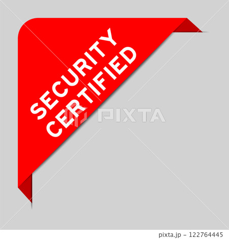 Red color of corner label banner with word seccurity certified on gray background 122764445