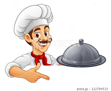 Chef Baker Cook Platter Cartoon Man Pointing Sign Chef Baker Cook Platter Cartoon Man Pointing Sign 122764515