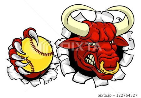 Bull Minotaur Longhorn Cow Softball Mascot Cartoon 122764527