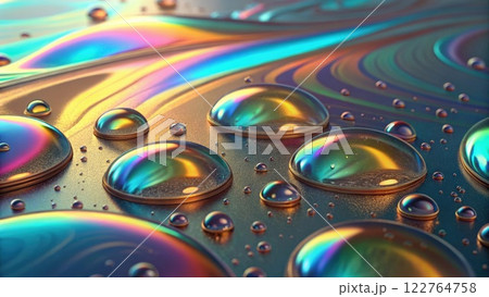 Colorful Water Droplets on Reflective Metallic Surface with Iridescent Light Colorful Water Droplets on Reflective Metallic Surface with Iridescent Light 122764758