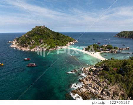 A sandy beach connecting two lush green islands surrounded by turquoise waters under clear skies. Ko Nang Yuan, Thailand. A sandy beach connecting two lush green islands surrounded by turquoise waters under clear skies. Ko Nang Yuan, Thailand. 122765137