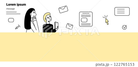 Banner on the theme of messages and mail letters. People receive messages and emails. Vector illustration on the topic of communication on the Internet. Banner on the theme of messages and mail letters. People receive messages and emails. Vector illustration on the topic of communication on the Internet. 122765153