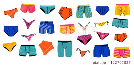 Underpants. Cartoon underwear clothing for man and woman, colorful underwear garment swimwear apparel bikini swimsuit underclothes. Vector panties flat set Underpants. Cartoon underwear clothing for man and woman, colorful underwear garment swimwear apparel bikini swimsuit underclothes. Vector panties flat set 122765827