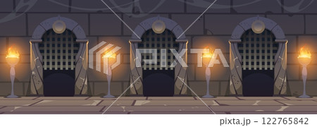Castle dungeon wall. Cartoon medieval background with brick stone wall, arch doorway and burning torches, ancient palace archway interior background. Vector illustration 122765842