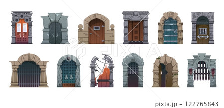 Castle door. Cartoon medieval wooden stone and iron gates for fantasy constructor game, ancient stone brick building castle entrance with lock and handle. Vector set Castle door. Cartoon medieval wooden stone and iron gates for fantasy constructor game, ancient stone brick building castle entrance with lock and handle. Vector set 122765843