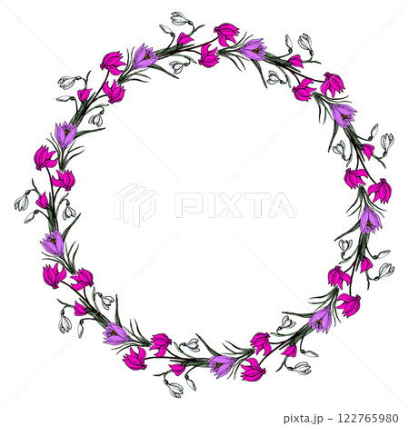 Hand Drawn Colorful Round Flower Wreath Frame 122765980