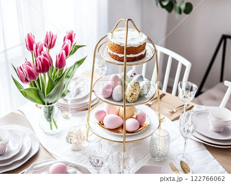 Easter holiday pastries with icing on the dining table with colored eggs on a three-tiered stand. A vase with spring tulips. 122766062