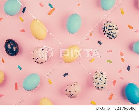 Easter pink background with colored eggs and confetti. View from above 122766090