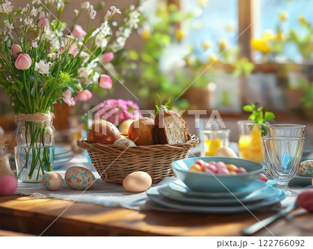 Easter festive dining table with chicken eggs, pastries and spring flowers in a vase. The minimalistic design room is flooded with sunlight. 122766092
