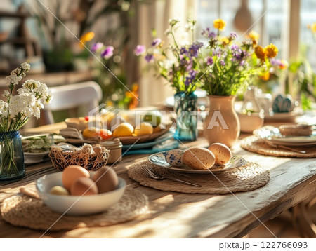 Easter festive dining table with colorful chicken eggs, pastries and spring flowers in vases. The cozy room is flooded with sunlight. Easter festive dining table with colorful chicken eggs, pastries and spring flowers in vases. The cozy room is flooded with sunlight. 122766093