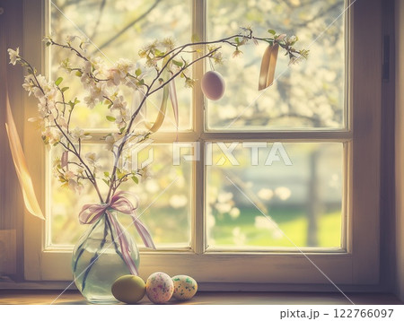 Easter colored eggs, blooming spring branches in a vase with satin ribbons on the window. Rustic interior. 122766097