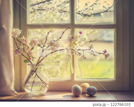 Easter colored eggs, blooming spring branches in a vase with satin ribbons on the window. 122766103