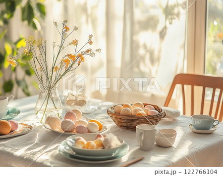 Easter festive dining table with chicken eggs and spring flowering branches. The minimalistic design room is flooded with sunlight. 122766104