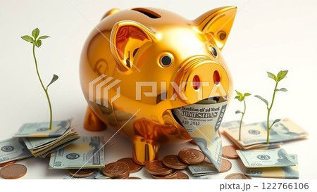 お金を食べて成長する金の豚貯金箱 122766106