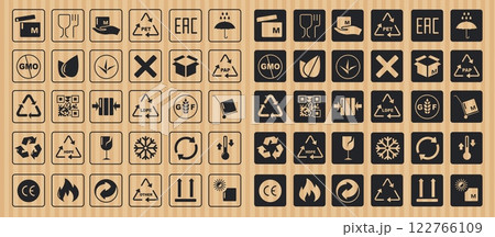 Packaging safety symbols. Delivery cargo transport stickers with fragile, handle with care, do not stack, keep dry, up arrows shipping icons. Vector isolated set Packaging safety symbols. Delivery cargo transport stickers with fragile, handle with care, do not stack, keep dry, up arrows shipping icons. Vector isolated set 122766109