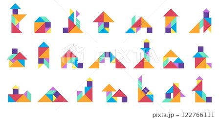 Tangram buildings. Geometric kids puzzle game with colored triangle square and rhombus shapes, creative geometry construction of various elements. Vector tangram set 122766111