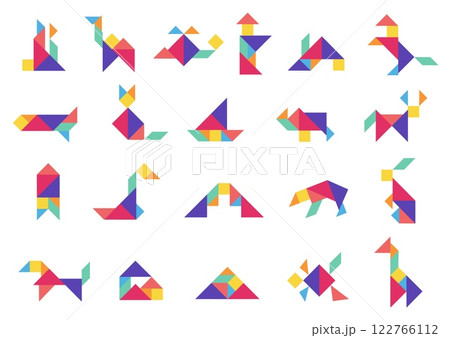 Tangram puzzle. Geometric dissection game with colorful triangle shapes, abstract logic mosaic geometry figures for kids. Vector tangram isolated set 122766112
