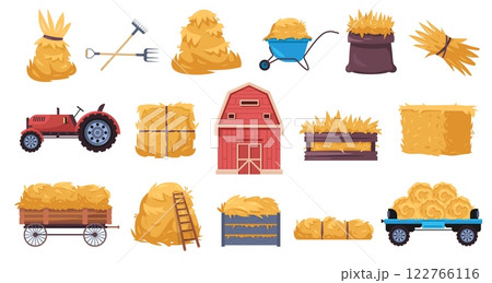 Hay harvest set. Farm dry grass straw pile, rural fodder bale wheelbarrow barn, flat countryside agriculture hay elements. Vector isolated haystack collection Hay harvest set. Farm dry grass straw pile, rural fodder bale wheelbarrow barn, flat countryside agriculture hay elements. Vector isolated haystack collection 122766116