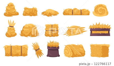 Hay stacks. Cartoon rural dry straw piles, countryside farm dried fodder bundles, agriculture organic haystack feed flat style. Vector isolated hay set Hay stacks. Cartoon rural dry straw piles, countryside farm dried fodder bundles, agriculture organic haystack feed flat style. Vector isolated hay set 122766117