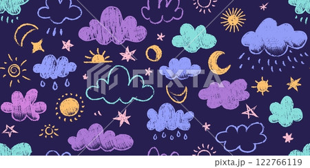 Chalk clouds pattern. Seamless print of hand drawn doodle clouds with rain and snow on chalkboard background. Vector childish weather texture Chalk clouds pattern. Seamless print of hand drawn doodle clouds with rain and snow on chalkboard background. Vector childish weather texture 122766119