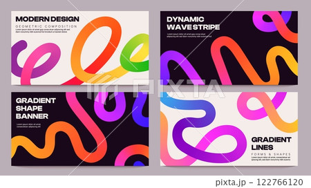 Line gradient shape banner. Abstract wavy ribbon with fluid color, dynamic wave stripe for business presentation cover, trendy fluid layout with waving figures. Vector set Line gradient shape banner. Abstract wavy ribbon with fluid color, dynamic wave stripe for business presentation cover, trendy fluid layout with waving figures. Vector set 122766120