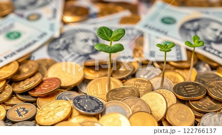 硬貨と紙幣の中で成長する植物 硬貨と紙幣の中で成長する植物 122766137