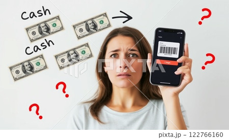 コード決済の入金の仕方が分からない女性 コード決済の入金の仕方が分からない女性 122766160