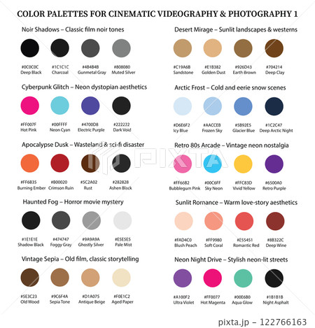 Cinematic Color Palette Collection 1, 10 Vector Color Schemes for Filmmaking and Photography 122766163