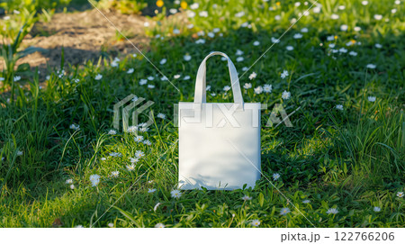 A plain white canvas tote bag resting on lush green grass 122766206