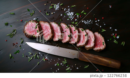 Juicy steak with grill marks, seasoned to perfection 122766238
