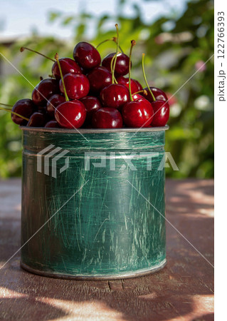 Fresh cherries straight from the garden, in green dishes, against a background of green leaves, the concept of healthy eating 122766393