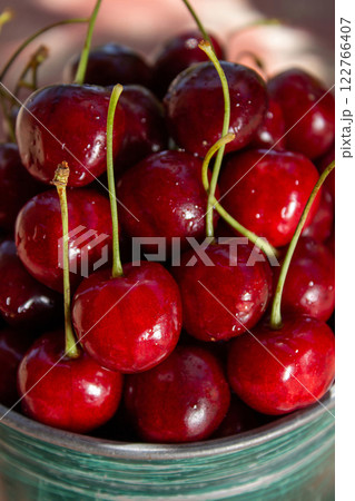 Fresh cherries straight from the garden, in green dishes, a healthy eating concept 122766407