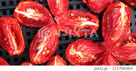 The process of drying tomatoes outdoors for seasoning, for cooking for cooking various dishes The process of drying tomatoes outdoors for seasoning, for cooking for cooking various dishes 122766464