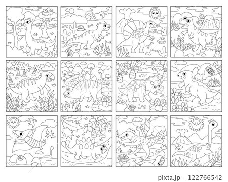 Vector black and white dinosaur square scenes collection. Dino landscape illustration or coloring page pack for kids. Cute line prehistoric scenes set with Pterodactyl, Stegosaurus, Triceratops, Vector black and white dinosaur square scenes collection. Dino landscape illustration or coloring page pack for kids. Cute line prehistoric scenes set with Pterodactyl, Stegosaurus, Triceratops, 122766542