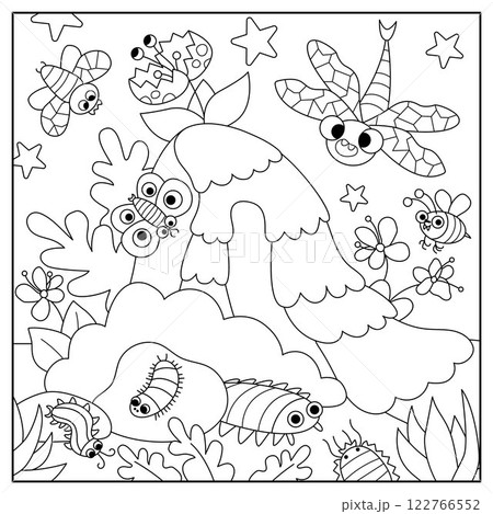 Vector black and white square scene with ancient insects. Dinosaur period line landscape illustration. Cute prehistoric coloring page with maganevra, butterfly, bumblebee, centipede, waterfall 122766552