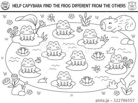 Find different frog in the pond. Capibara black and white matching activity for children. Educational line quiz worksheet for kid. Printable game, coloring page with cute capybara searching for toad 122766557